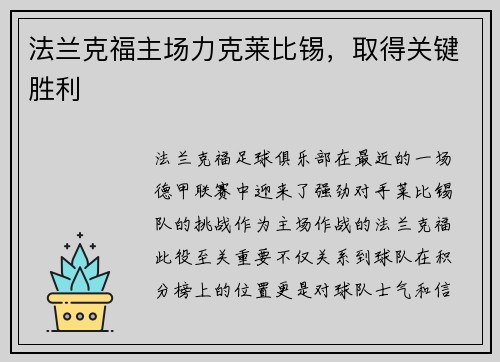 法兰克福主场力克莱比锡，取得关键胜利