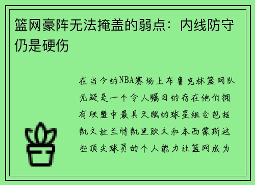 篮网豪阵无法掩盖的弱点：内线防守仍是硬伤